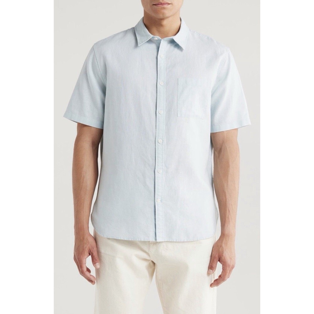 NWT Vince Classic Short Sleeve Linen Blend Button Up Shirt Sz XXL Blue MSRP $185